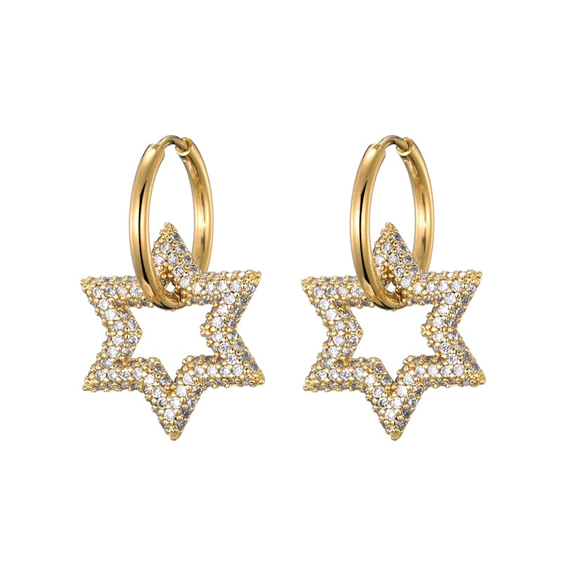 Trendy Star Charm Round Steel & Cubic Zircon Bling Hoop Earrings