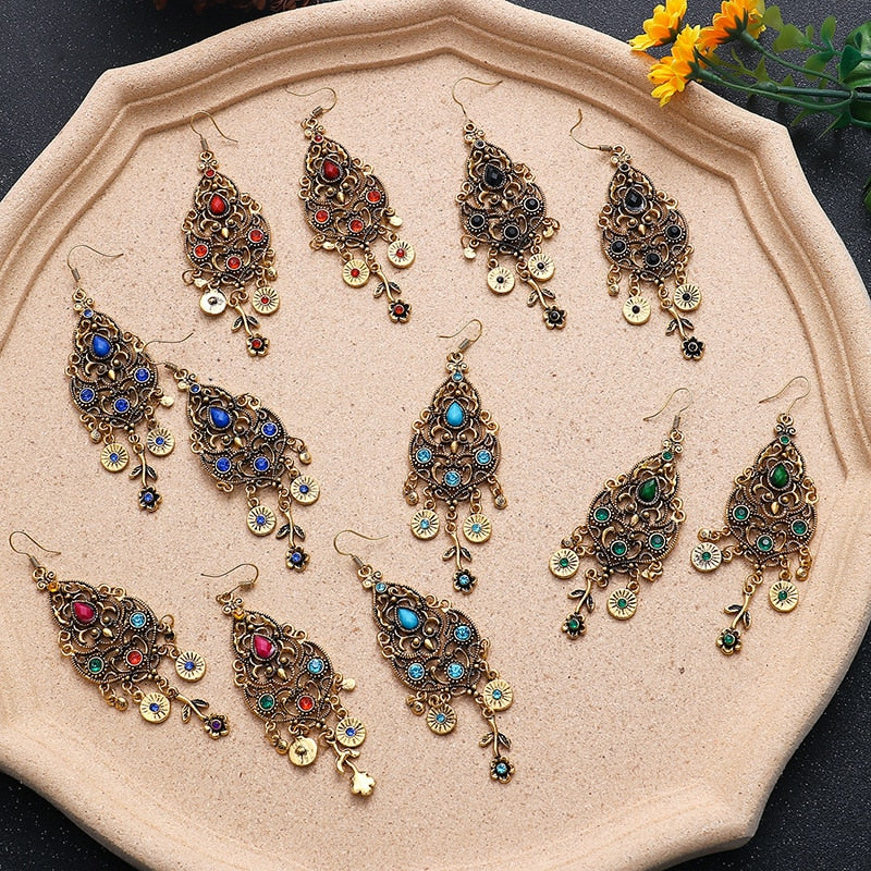 Ethnic Rhinestones Vintage Long Earrings