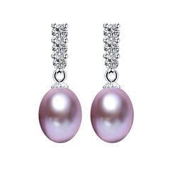 Natural Freshwater Pearl Drop Earrings with Shiny Zircon stones and 925 Sterling Silver