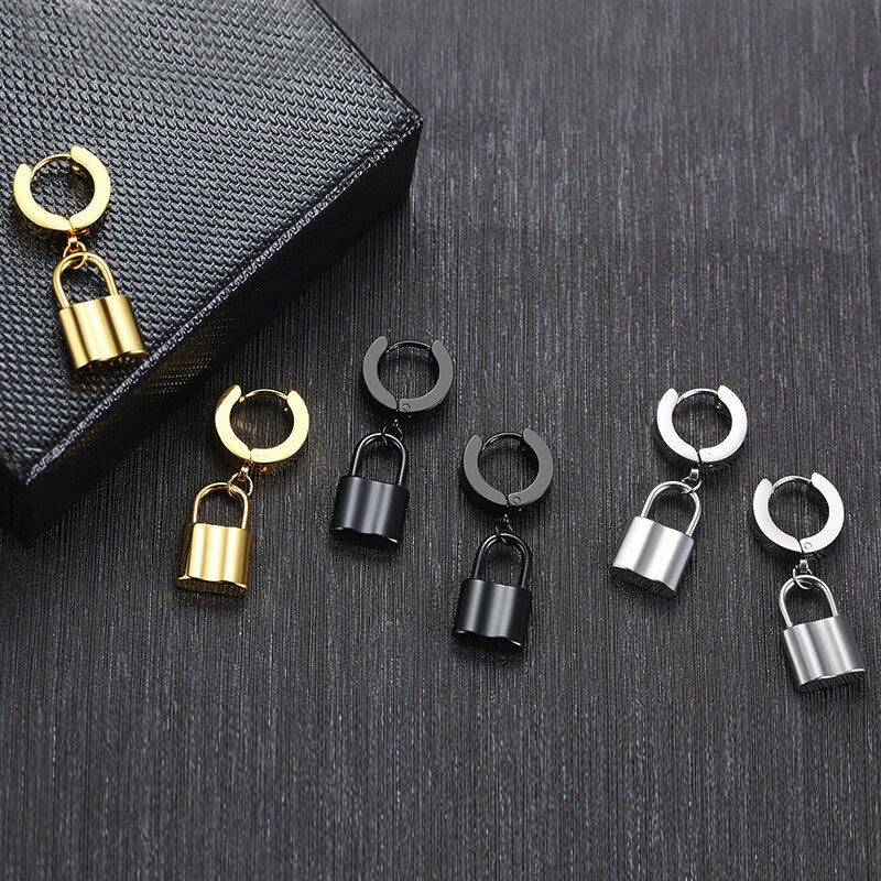 PADLOCK HOOP METALLIC STAINLESS STEEL EARRINGS FOR MEN