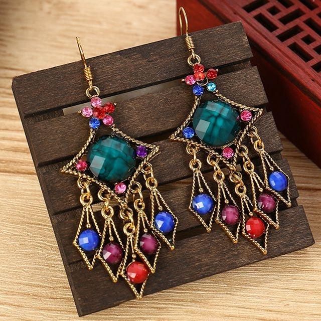 Ethnic Rhinestones Vintage Long Earrings