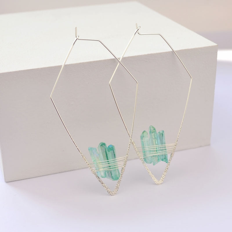 Fashion Copper Wire Rhombic Hoop Earring with Natural Quartz Stone