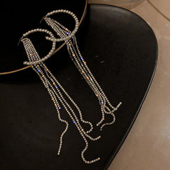 Pearl Rhinestone Circle Hoop Tassel  Long Earrings