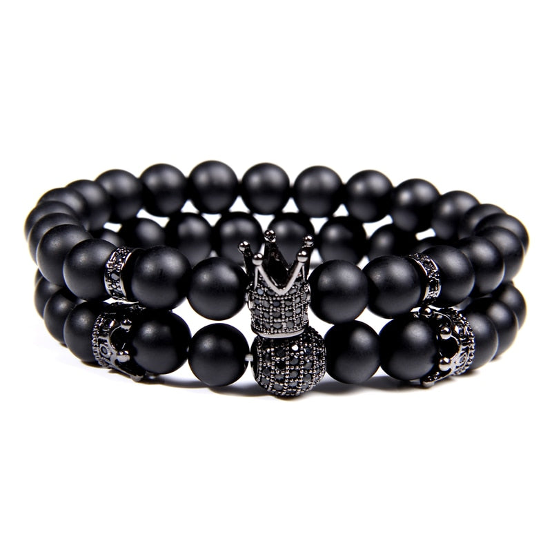 Luxury 2pcs Beaded Bracelets Men Black Onyx Natural Stone