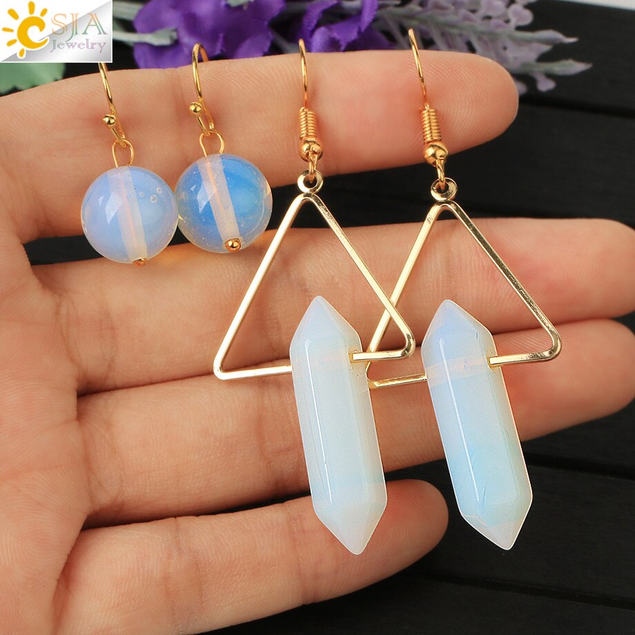 Crystal Hexagonal Dangle Semi Precious Stone Earrings