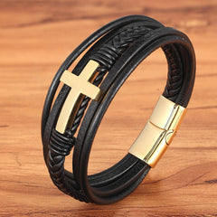 Luxury Multicolor Cross Design Stainless Steel Men's Leather Bracelet 19/21/23cm