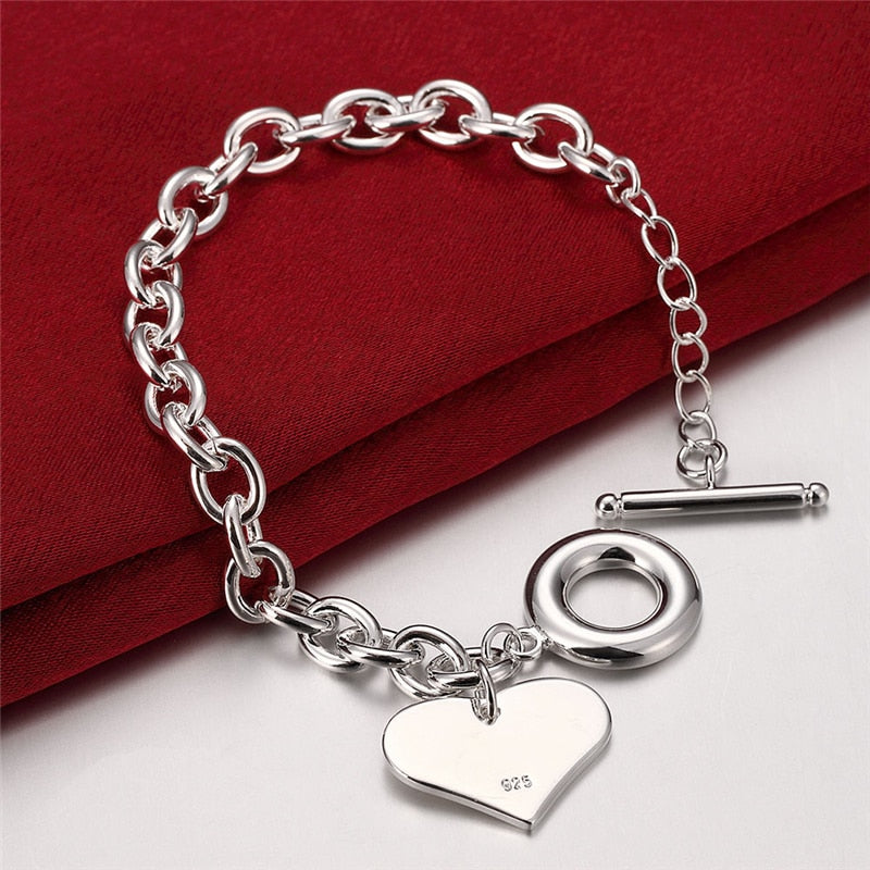 925 Sterling Silver Love Heart Pendant Charm Bracelet