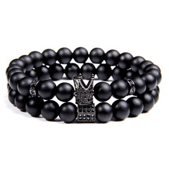 Luxury 2pcs Beaded Bracelets Men Black Onyx Natural Stone