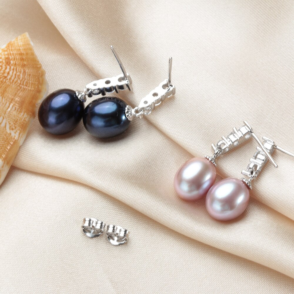 Natural Freshwater Pearl Drop Earrings with Shiny Zircon stones and 925 Sterling Silver