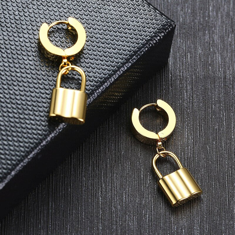 PADLOCK HOOP METALLIC STAINLESS STEEL EARRINGS FOR MEN