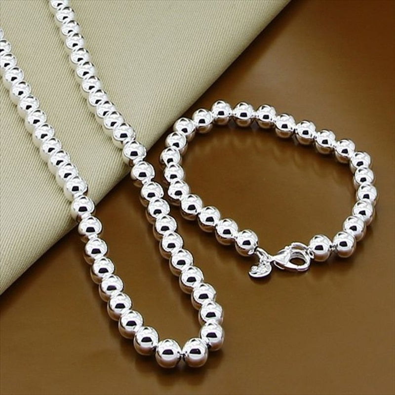 925 Sterling Silver 8mm Hollow Smooth Round Beads Necklace Bracelets Set