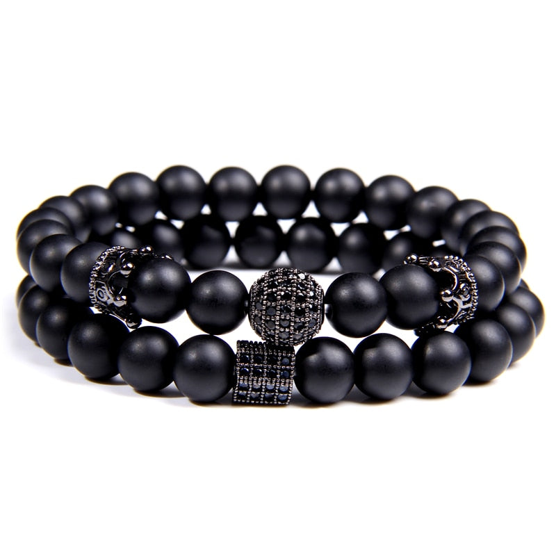 Luxury 2pcs Beaded Bracelets Men Black Onyx Natural Stone