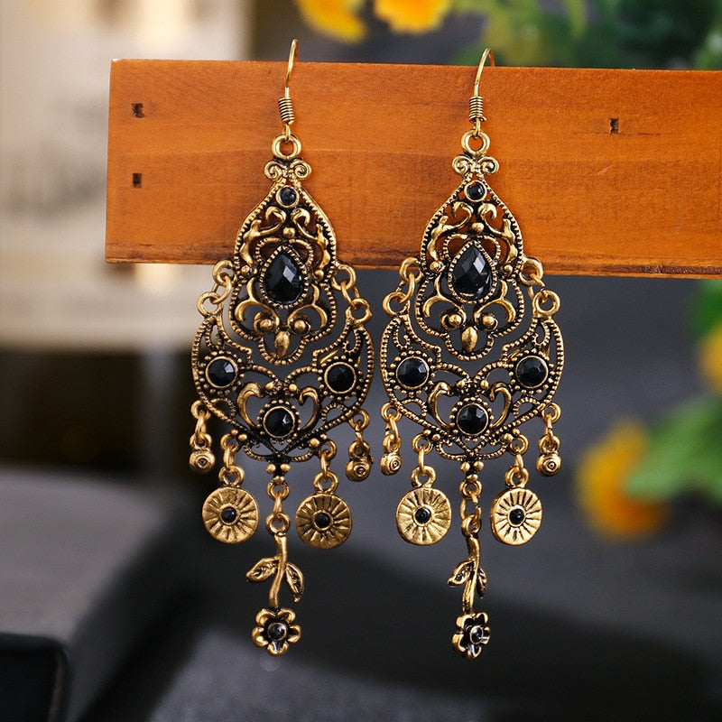 Ethnic Rhinestones Vintage Long Earrings