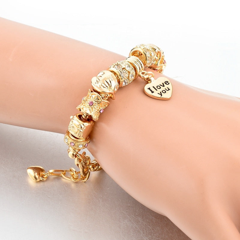 Quality Golden owl heart love Charm Crystal Bracelet