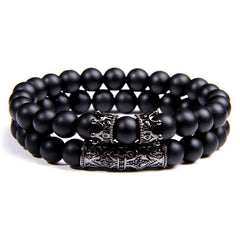 Luxury 2pcs Beaded Bracelets Men Black Onyx Natural Stone