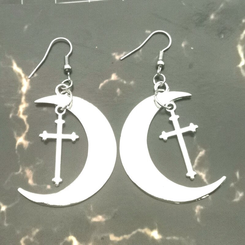 Gothic Large Hoop Moon Cross Earrings