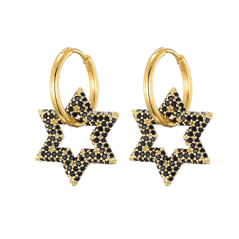 Trendy Star Charm Round Steel & Cubic Zircon Bling Hoop Earrings