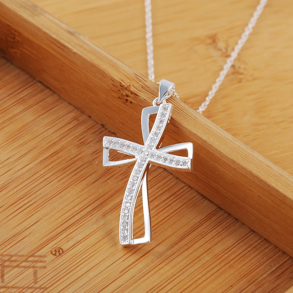 18 Inches Cross Zircon Pendant Necklace 925 Sterling Silver