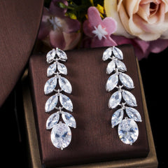 Elegant Sparkling Leaf Cubic Zirconia Engagement Necklace & Drop Earrings