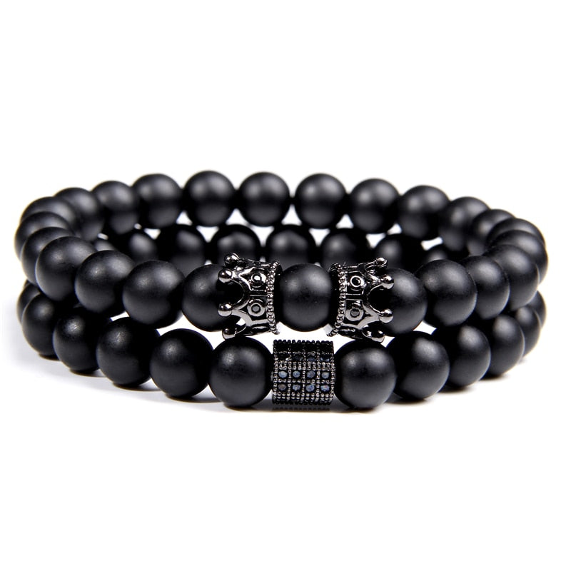 Luxury 2pcs Beaded Bracelets Men Black Onyx Natural Stone