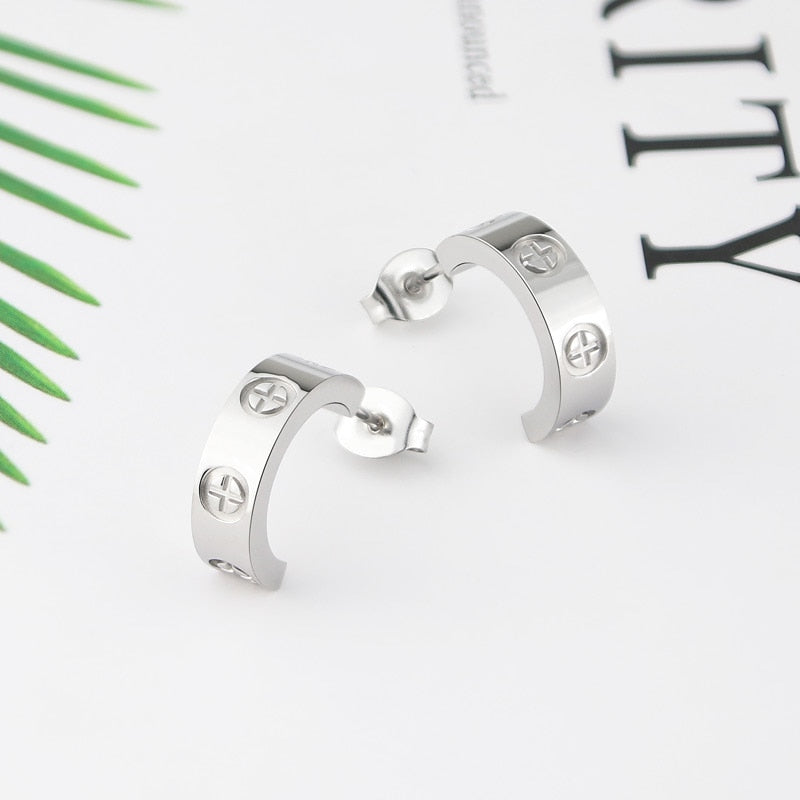 Luxury C Shape Cross Screw Stud Earring Titanium Steel