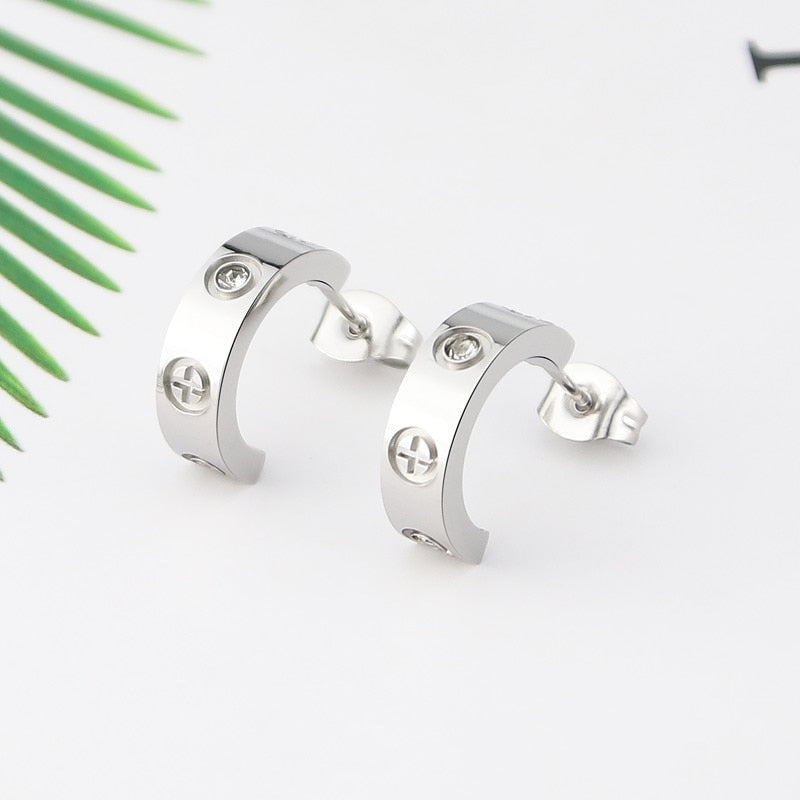 Luxury C Shape Cross Screw Stud Earring Titanium Steel