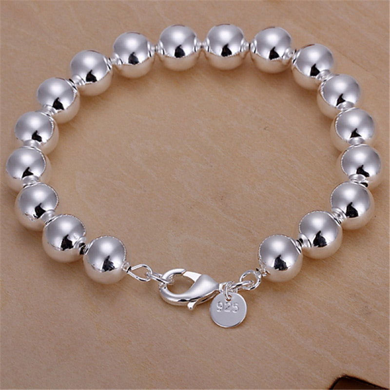 925 Sterling Silver 8mm Hollow Smooth Round Beads Necklace Bracelets Set