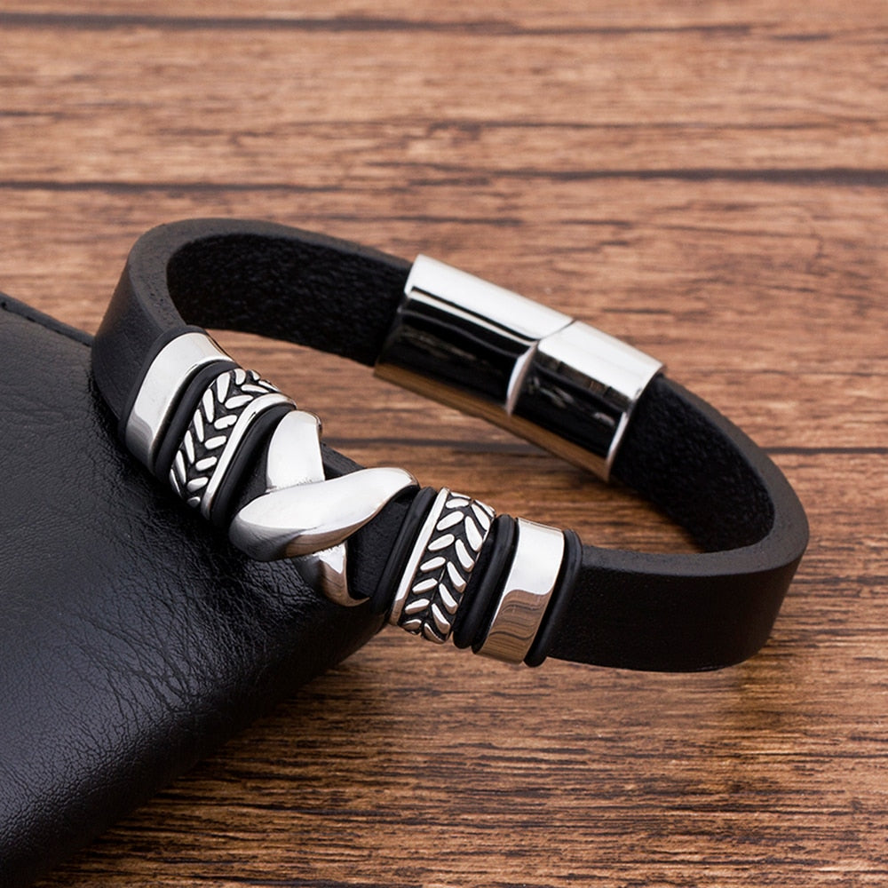 Stainless Steel Fashion Charm Black Leather Bracelet