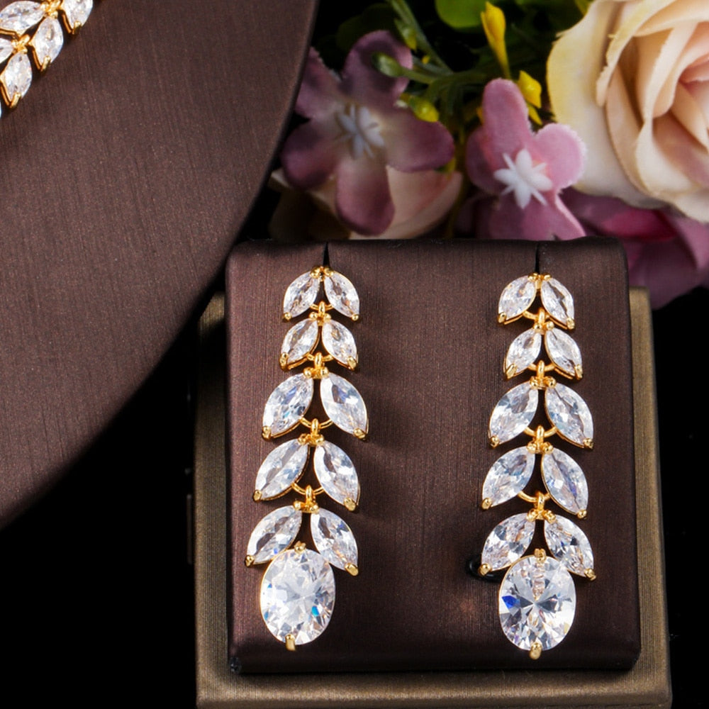 Elegant Sparkling Leaf Cubic Zirconia Engagement Necklace & Drop Earrings