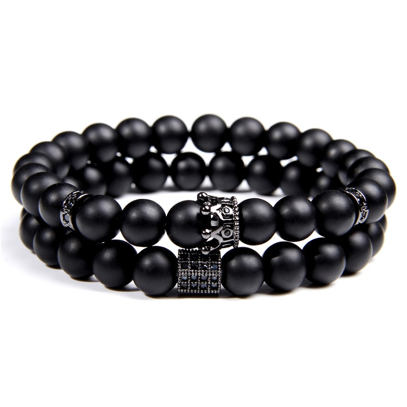 Luxury 2pcs Beaded Bracelets Men Black Onyx Natural Stone