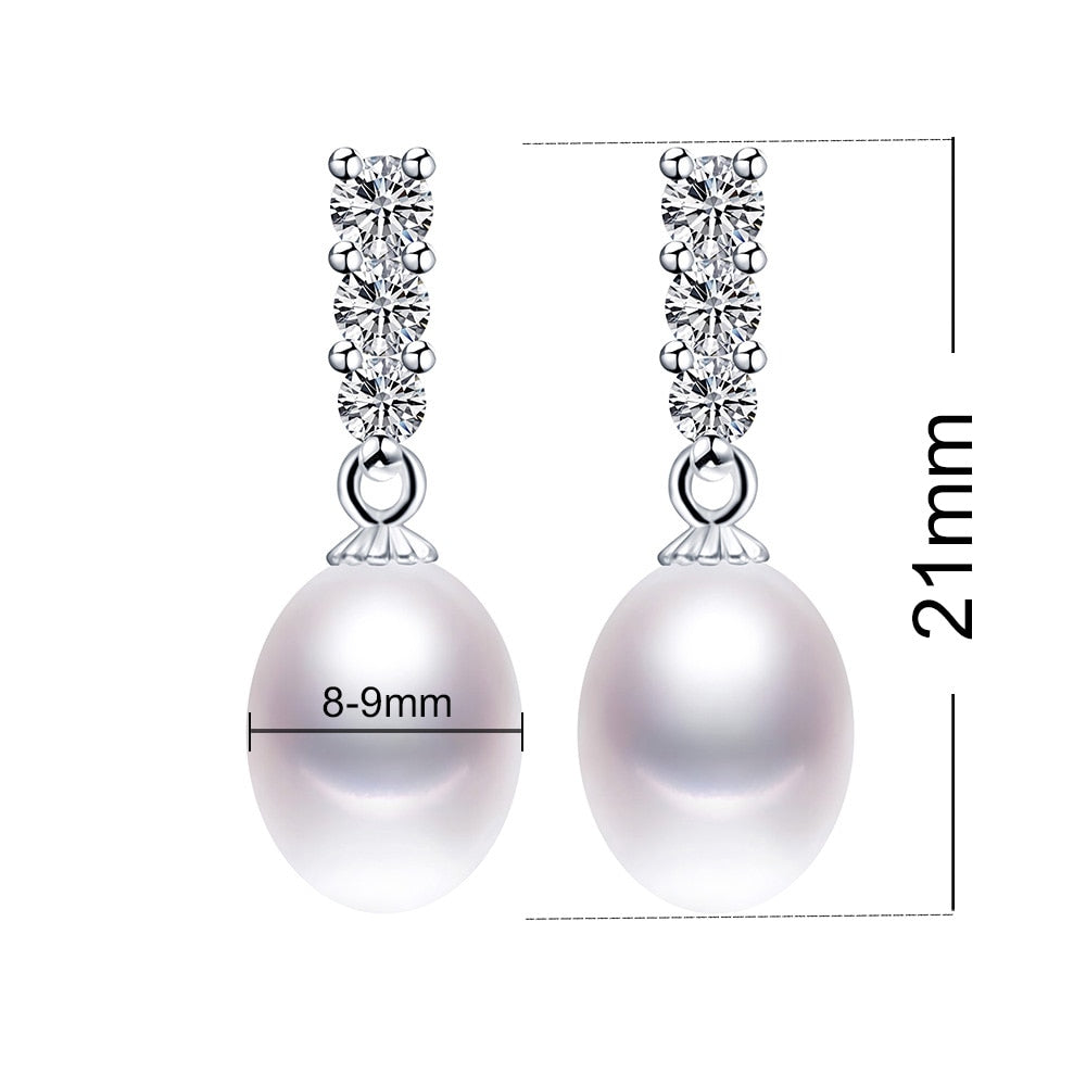 Natural Freshwater Pearl Drop Earrings with Shiny Zircon stones and 925 Sterling Silver