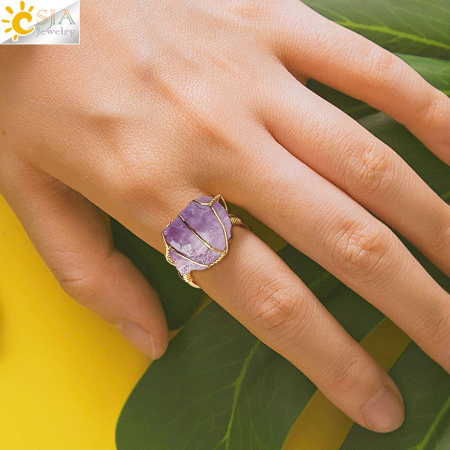 Natural Crystal Stone Irregular Wire Wrap Healing Amethysts Ring