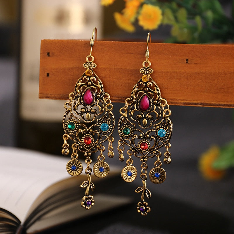 Ethnic Rhinestones Vintage Long Earrings