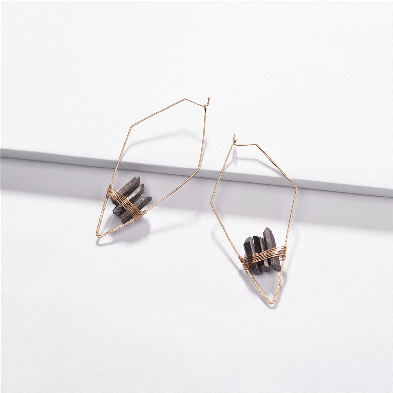 Fashion Copper Wire Rhombic Hoop Earring with Natural Quartz Stone