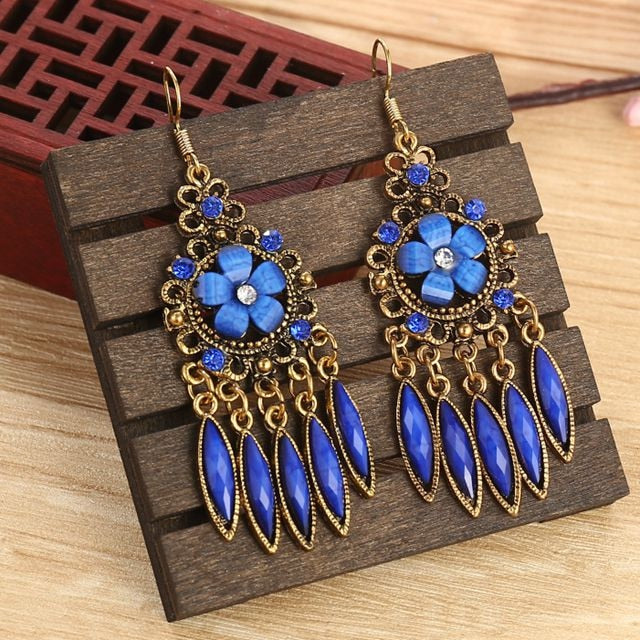 Ethnic Rhinestones Vintage Long Earrings