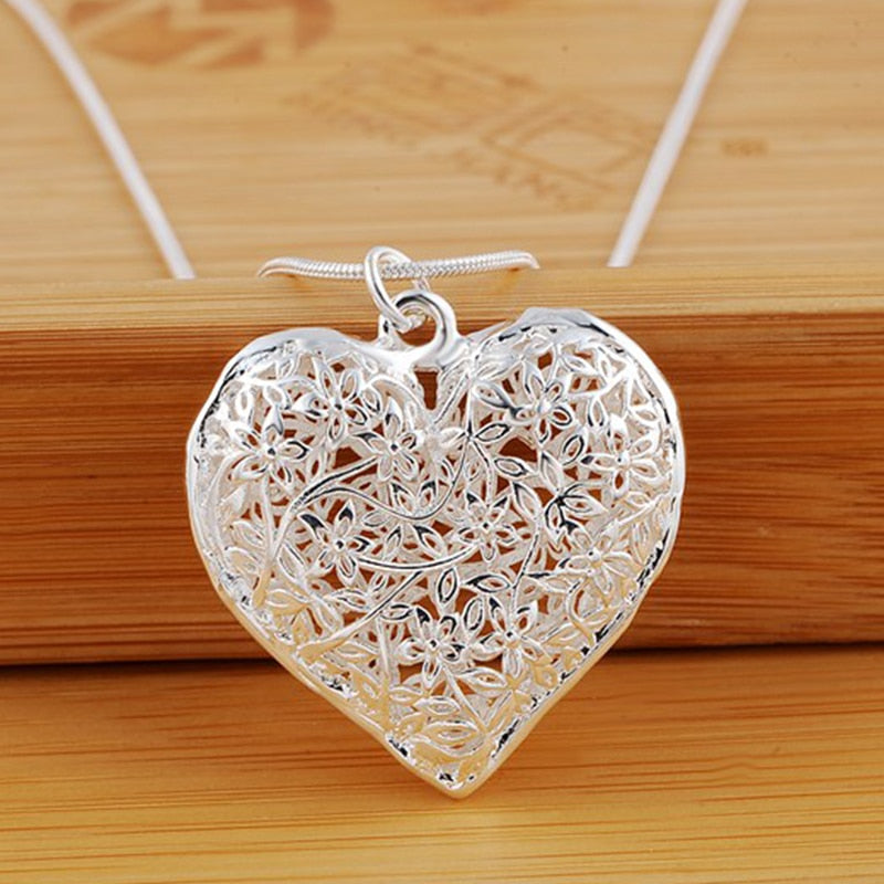 Sterling Silver 18-30 Inch Carved Heart Pendant Chain Necklace