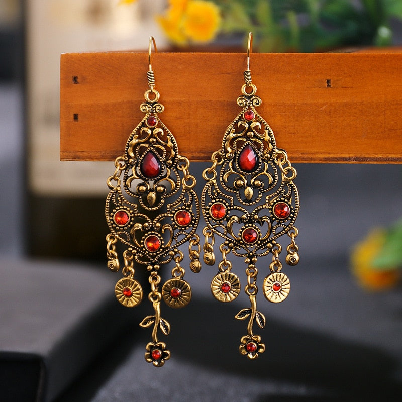 Ethnic Rhinestones Vintage Long Earrings