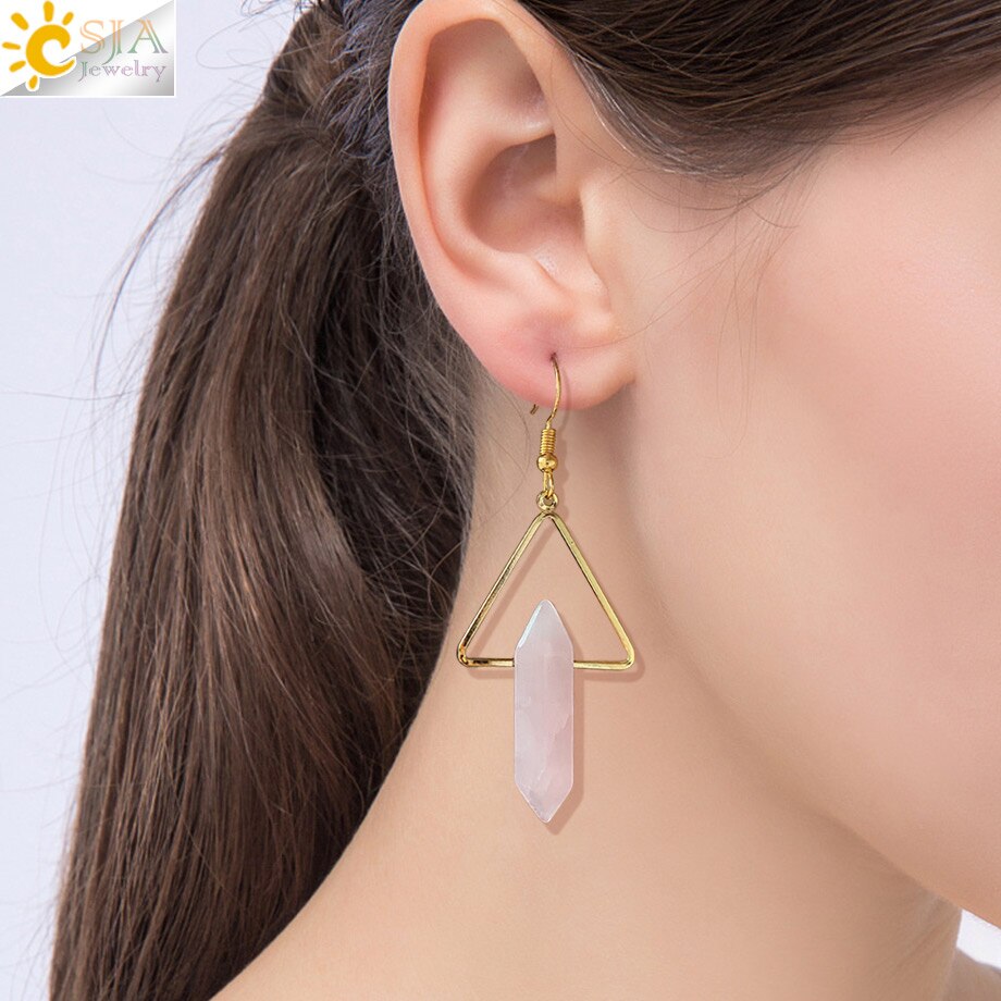 Crystal Hexagonal Dangle Semi Precious Stone Earrings