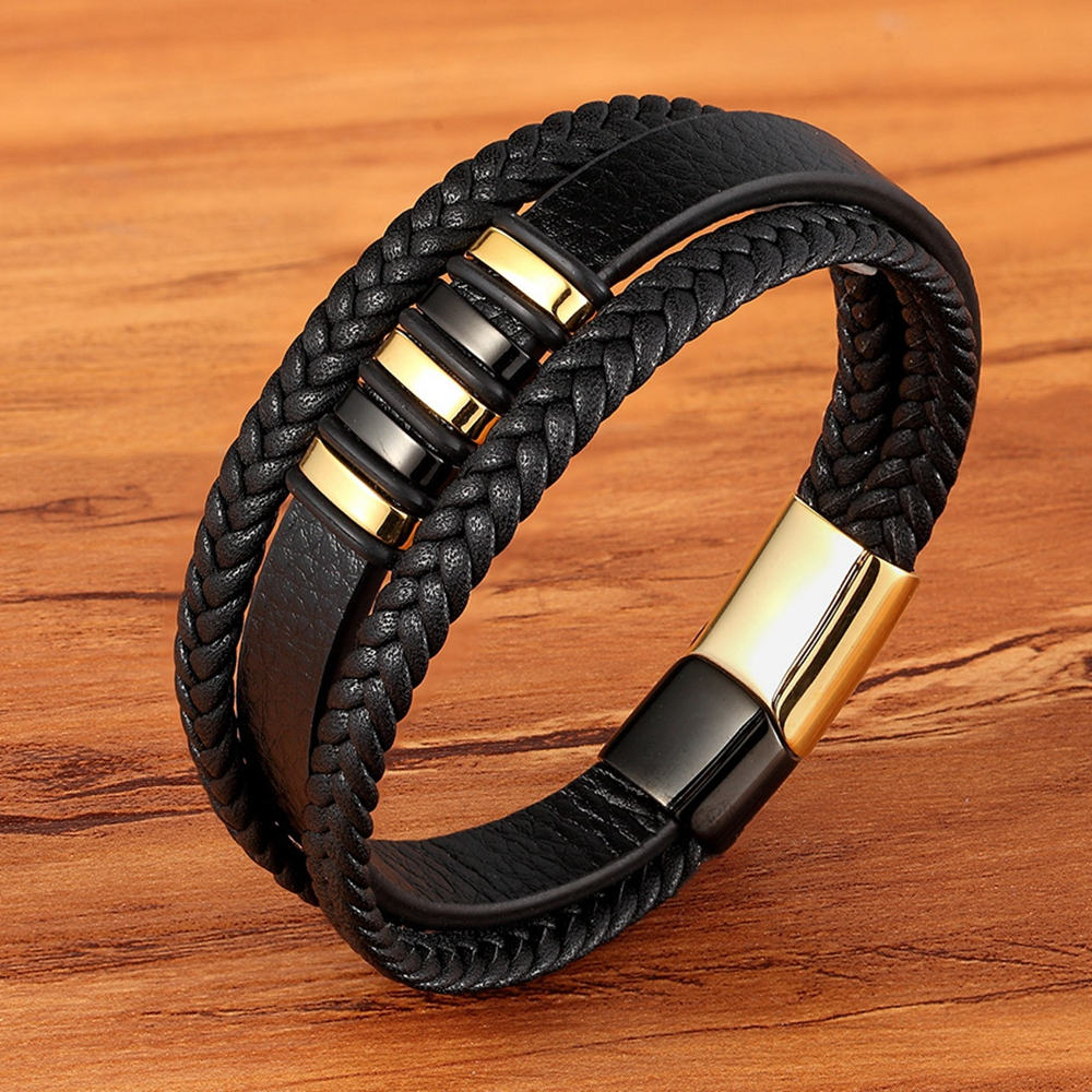 3 Layers Black Leather & Stainless Steel Magnetic Button Bracelets