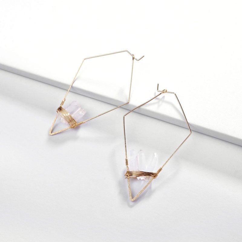 Fashion Copper Wire Rhombic Hoop Earring with Natural Quartz Stone