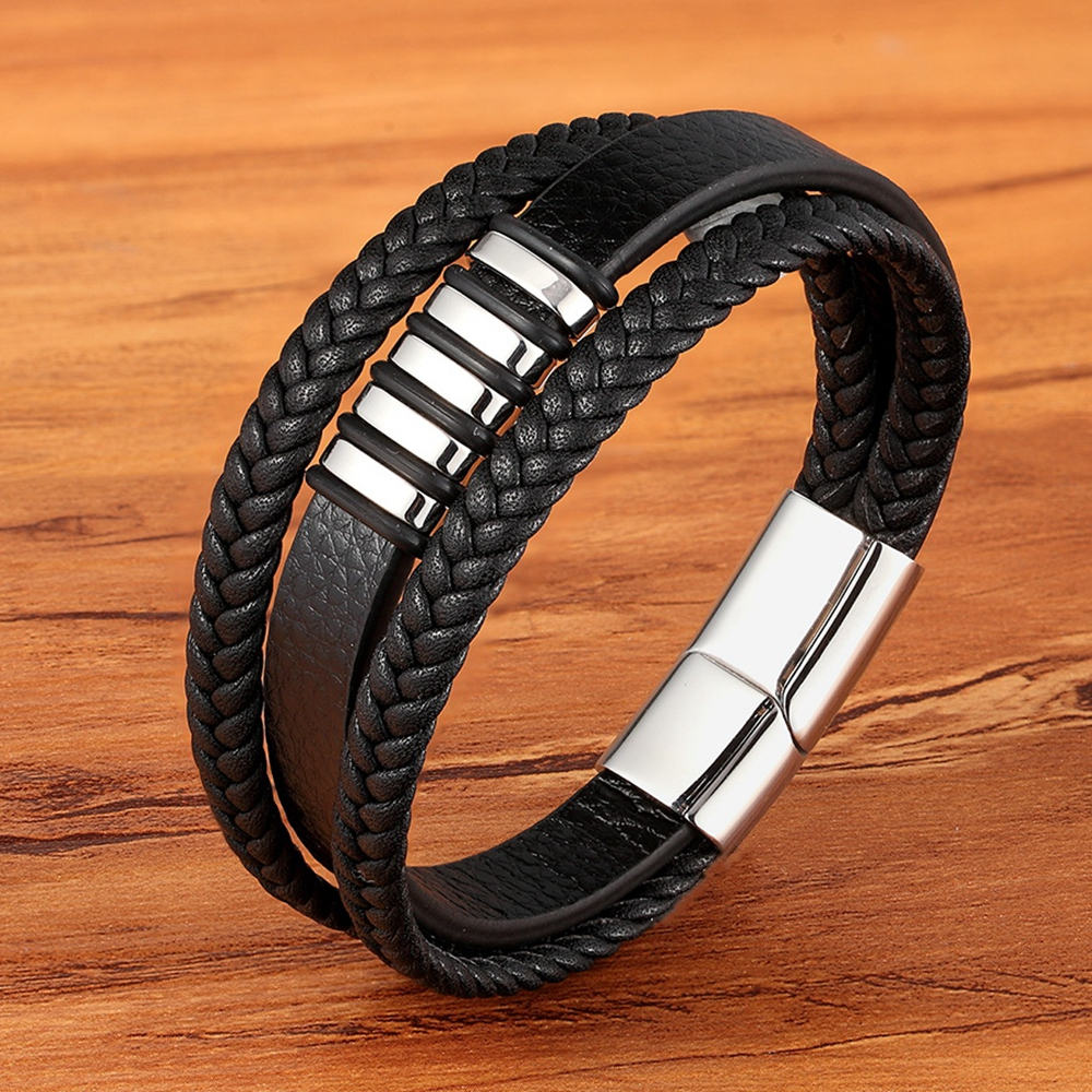 3 Layers Black Leather & Stainless Steel Magnetic Button Bracelets