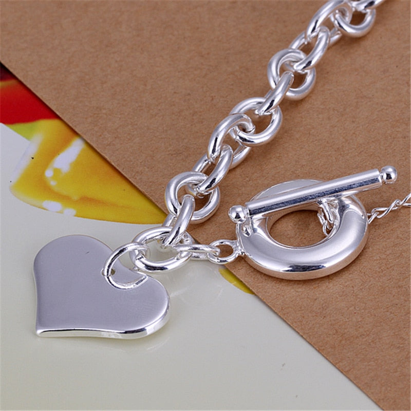 925 Sterling Silver Love Heart Pendant Charm Bracelet