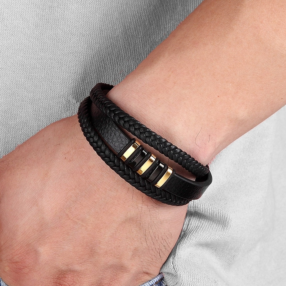 3 Layers Black Leather & Stainless Steel Magnetic Button Bracelets