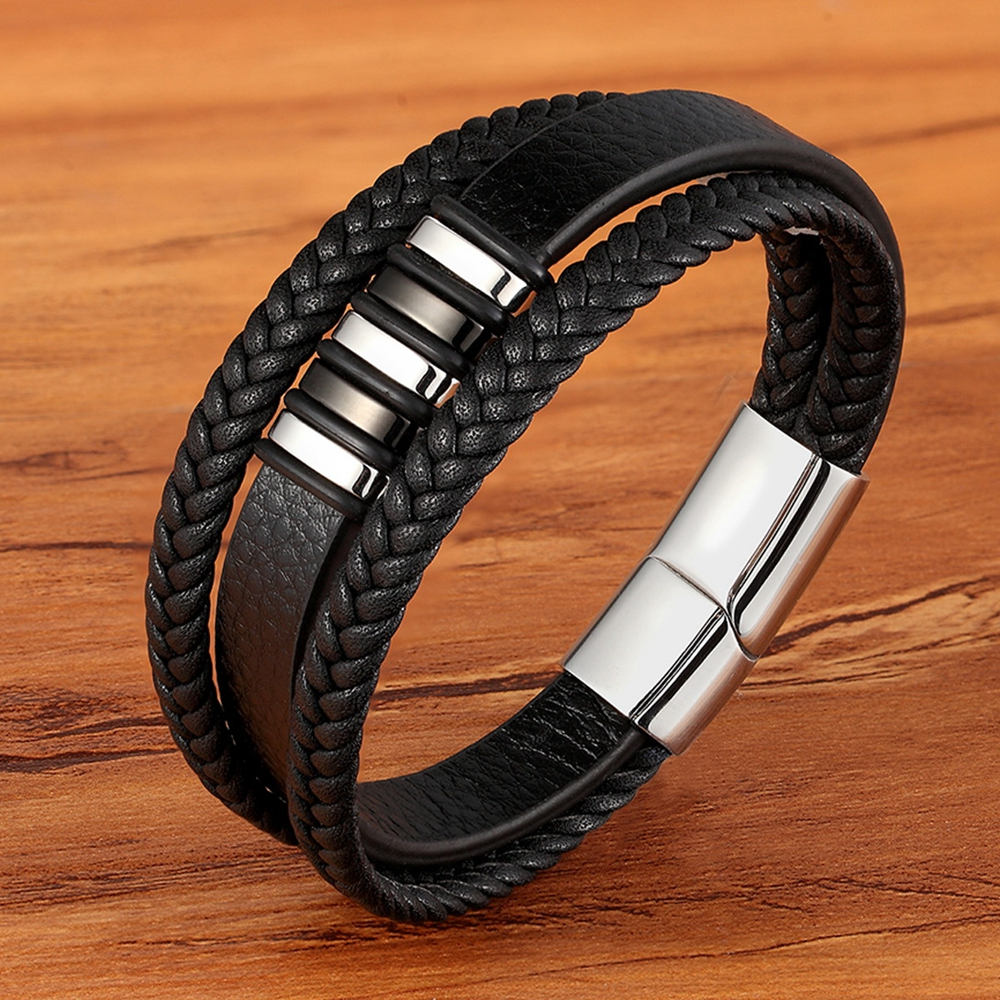 3 Layers Black Leather & Stainless Steel Magnetic Button Bracelets