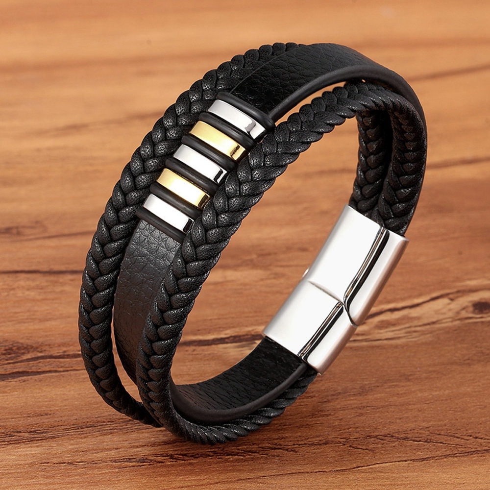 3 Layers Black Leather & Stainless Steel Magnetic Button Bracelets