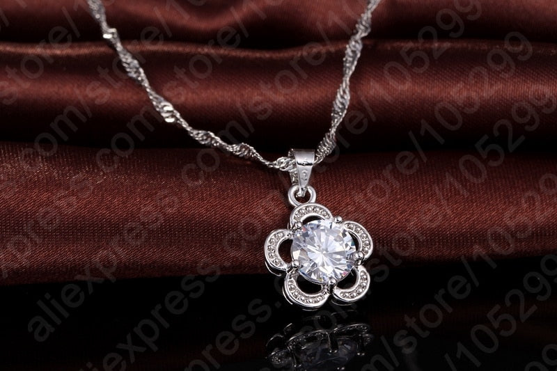 Vintage Flower Cubic Zirconia Sterling Silver Necklace & Earrings Set