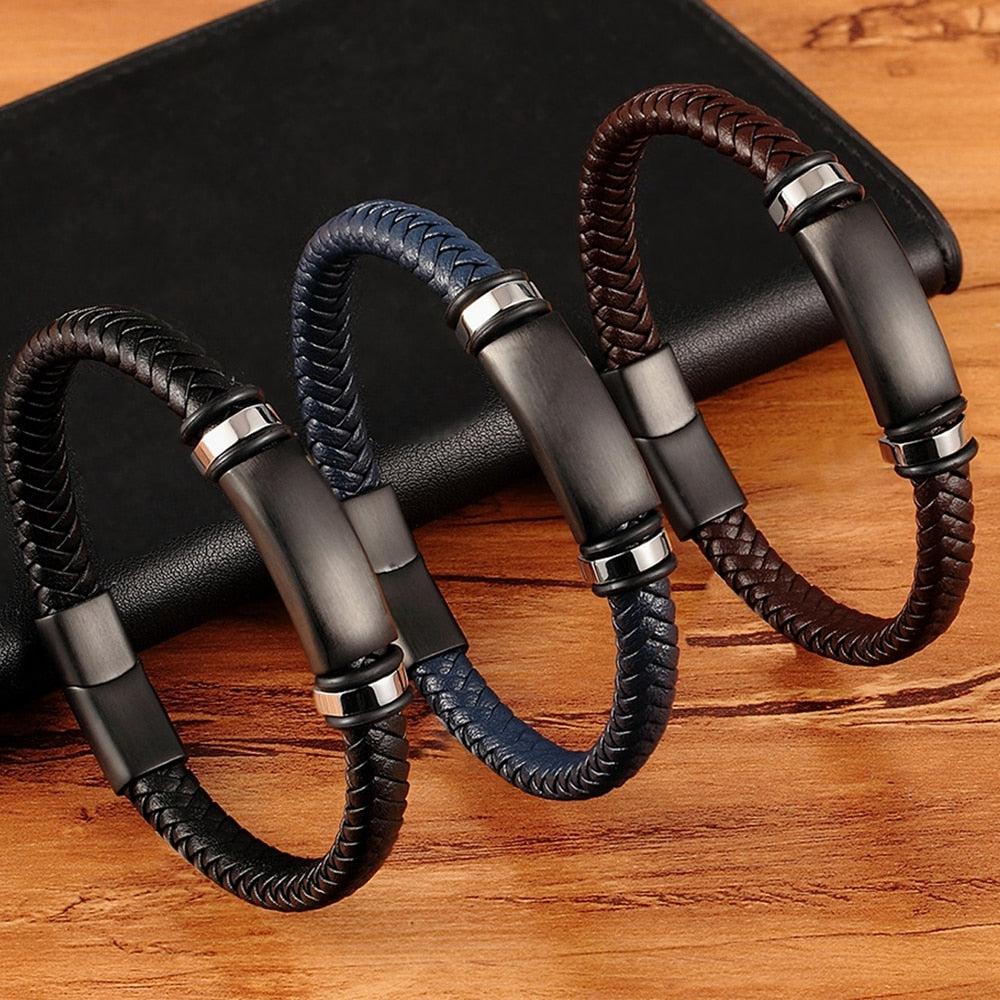 Luxury Stainless Steel Genuine Leather 3 Colors Men Bracelets