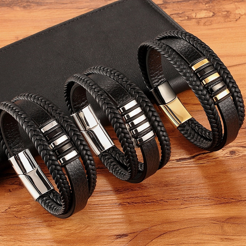 3 Layers Black Leather & Stainless Steel Magnetic Button Bracelets