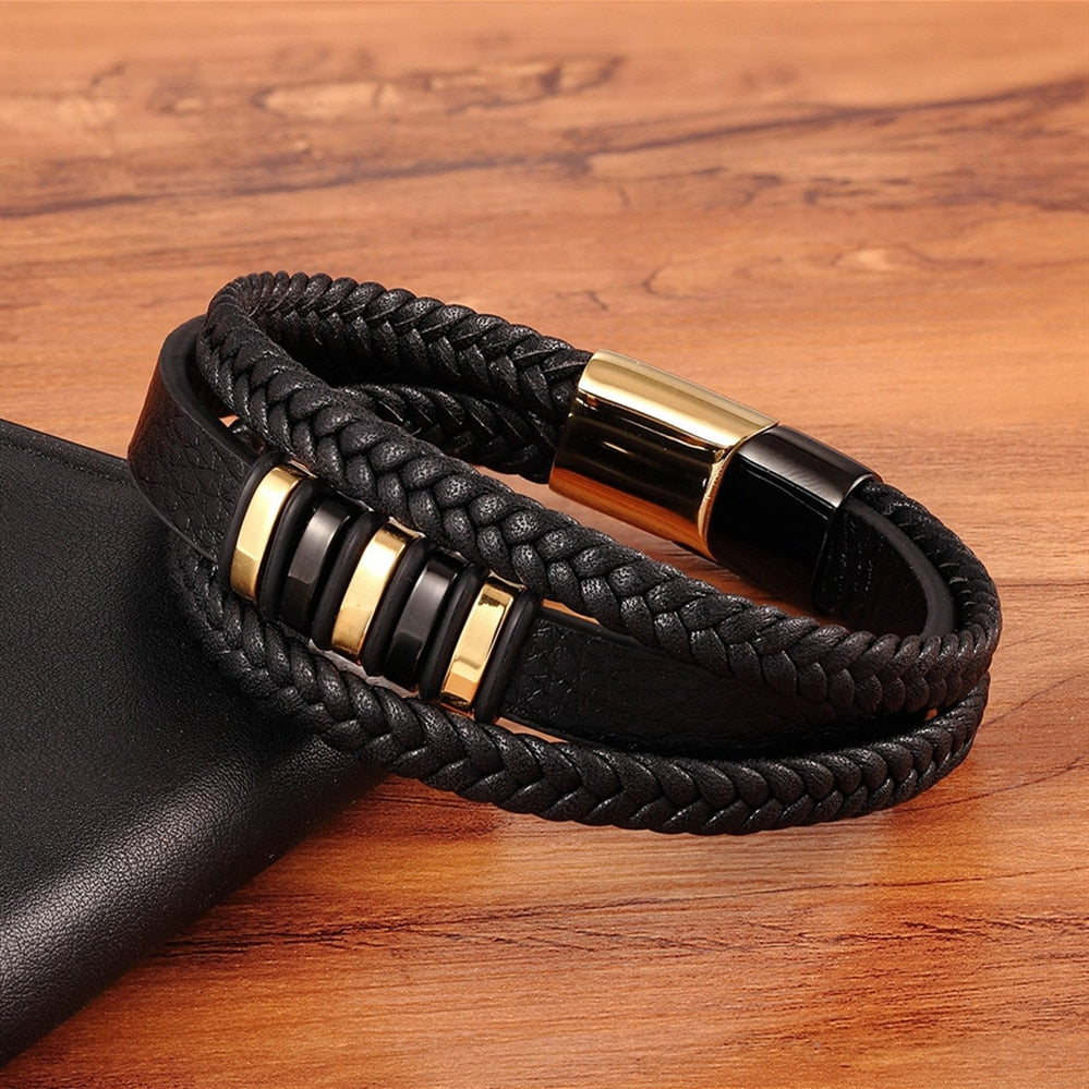 3 Layers Black Leather & Stainless Steel Magnetic Button Bracelets