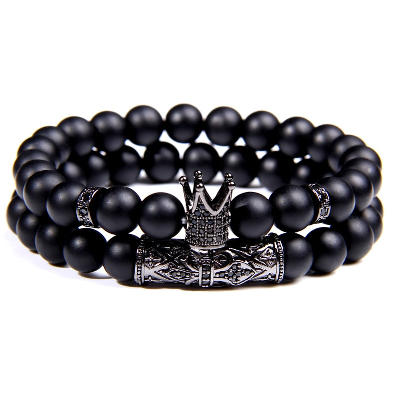 Luxury 2pcs Beaded Bracelets Men Black Onyx Natural Stone